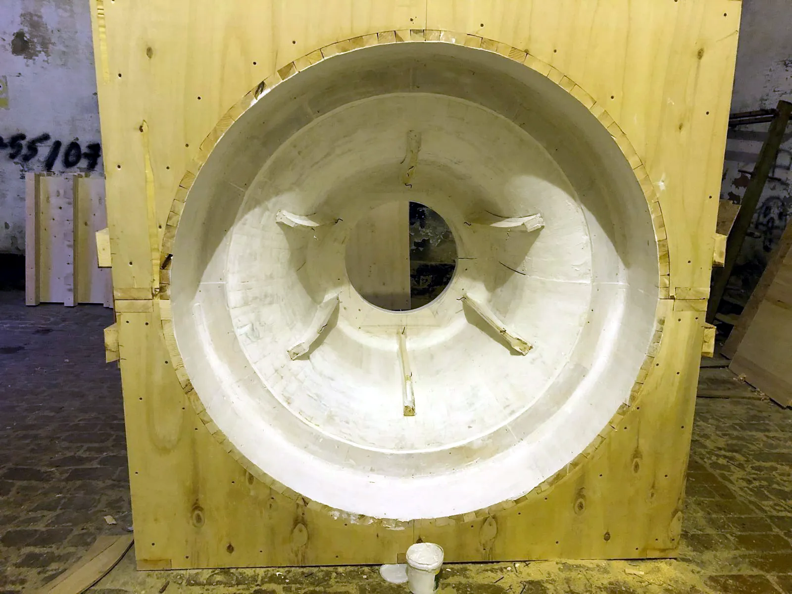 Large round wooden pattern half, carved by hand